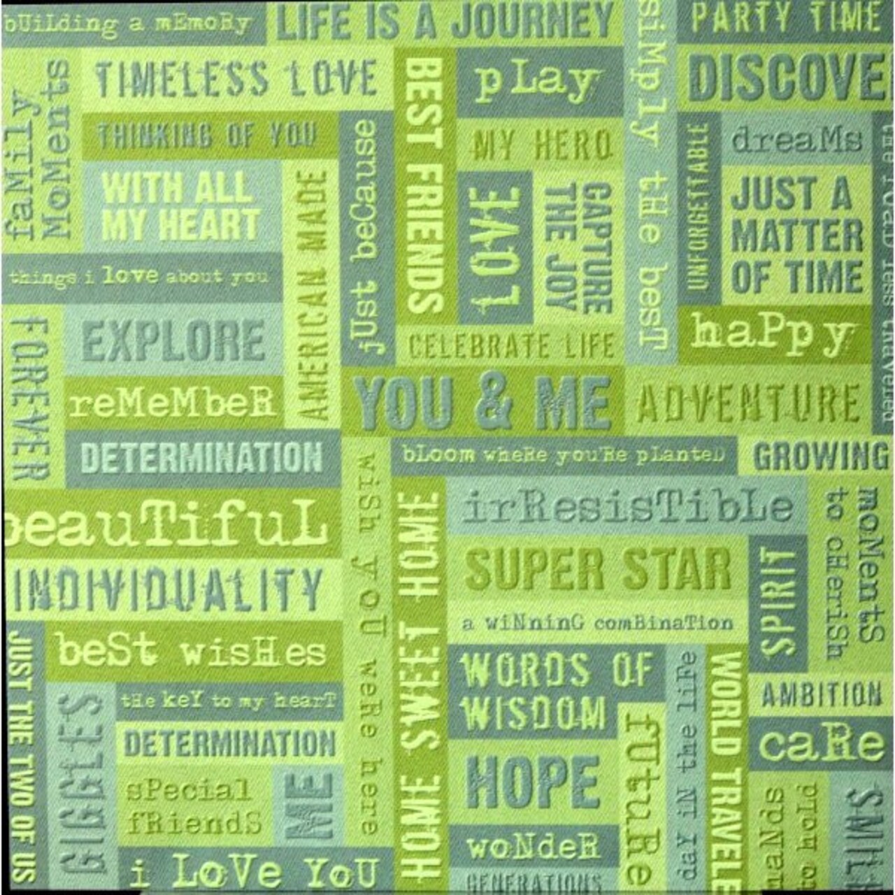 K & Company Studio K Blue & Green Word Collage Embossed Printed Scrapbook Paper